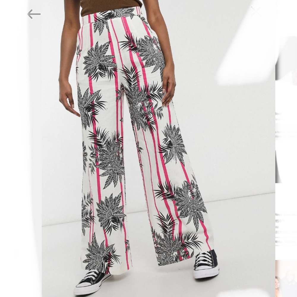 Wide Leg Linen Palm Tree Stripe Pant